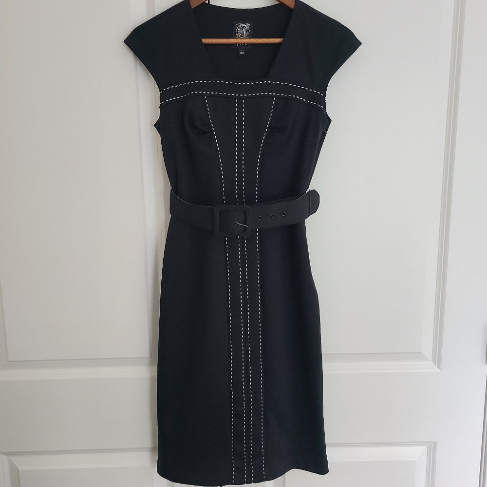 JAX Black Belted Cap Sleeve Dress with White Stitching Size 2